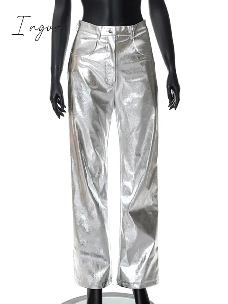 Ingvn - Women Metallic Straight-Leg PU Pants Sexy ZA Sparkling High Waist Trousers Streetwear Luxury Birthday Costumes 2023 Spring Fall