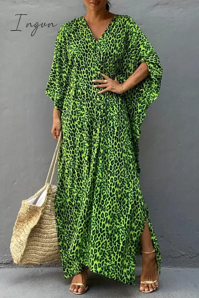 Ingvn - Vintage Vacation Print Leopard Slit Swimwears Cover Up