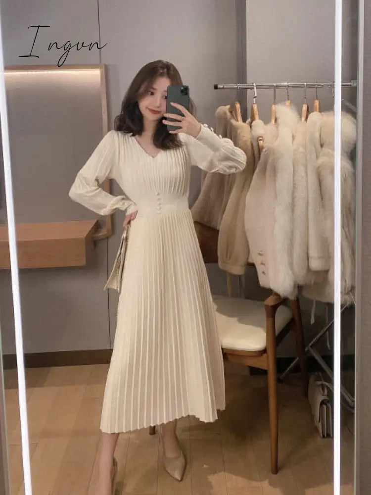 Ingvn - Knitted Dress Women Casual Long Sleeve Vintage Elegant Office Sweater Dress Female Spring One-piece Dress Korean Outerwear