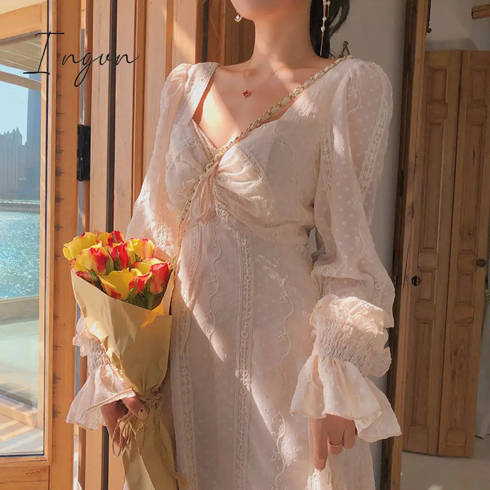 Ingvn - Vintage Fairy Dress Women Elegant Designer Chiffon Dress Long Sleeve French Party Midi Dress Casual Women's Clothing Autumn