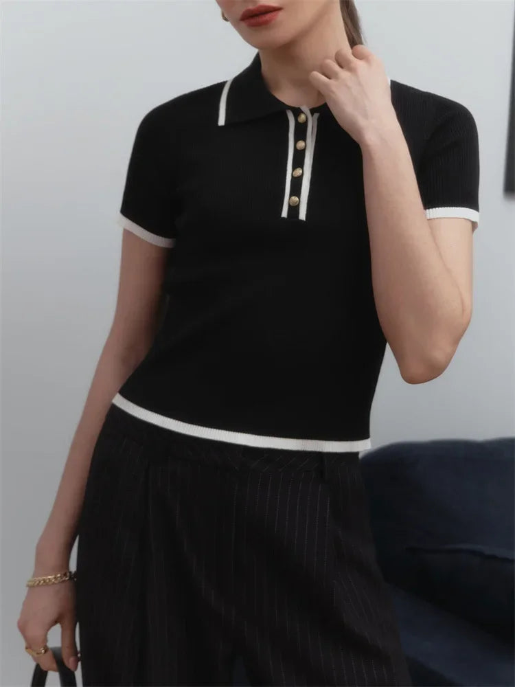 Ingvn  Knit Sweater Pullover Women Short Sleeve Patchwork Slim  Elegant Contrast Knitwear Top Female Skinny Ribbed Pullover