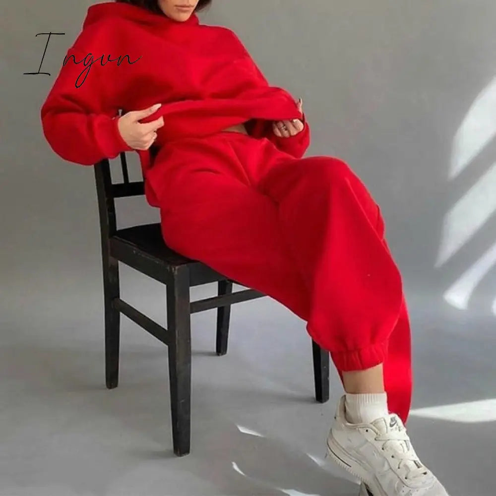 Ingvn - Two Piece Set Casual Fleece Tracksuit Women Winter Women's Sets Oversized Hooded Long Sleeve Hoodie Sport Pants Lady Suit