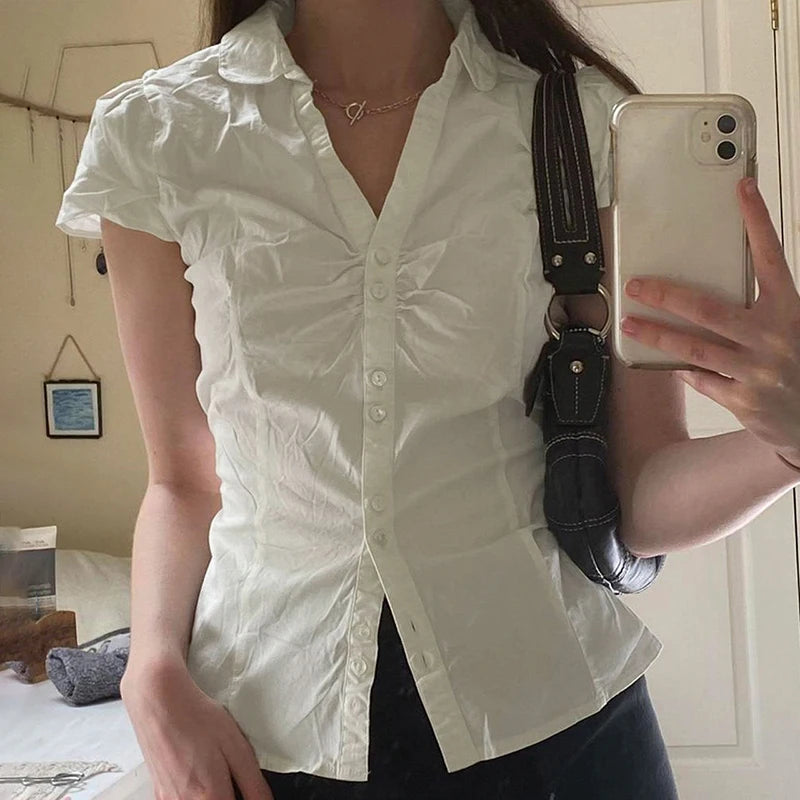 Vintage Folds Crop Top White Button Up Short Sleeve Blouse Women Bandage Korean Fashion T-shirt Casual Streetwear y2k Tee