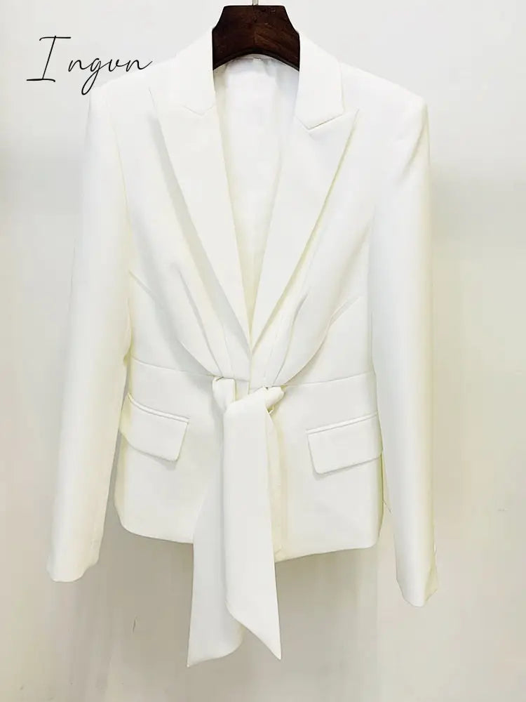 Ingvn - HIGH QUALITY Newest Fashion 2023 Designer Suit Set Women's Lacing Belt Blazer Pleated Zip Pants Set 2pcs Set