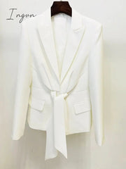 Ingvn - HIGH QUALITY Newest Fashion 2023 Designer Suit Set Women's Lacing Belt Blazer Pleated Zip Pants Set 2pcs Set