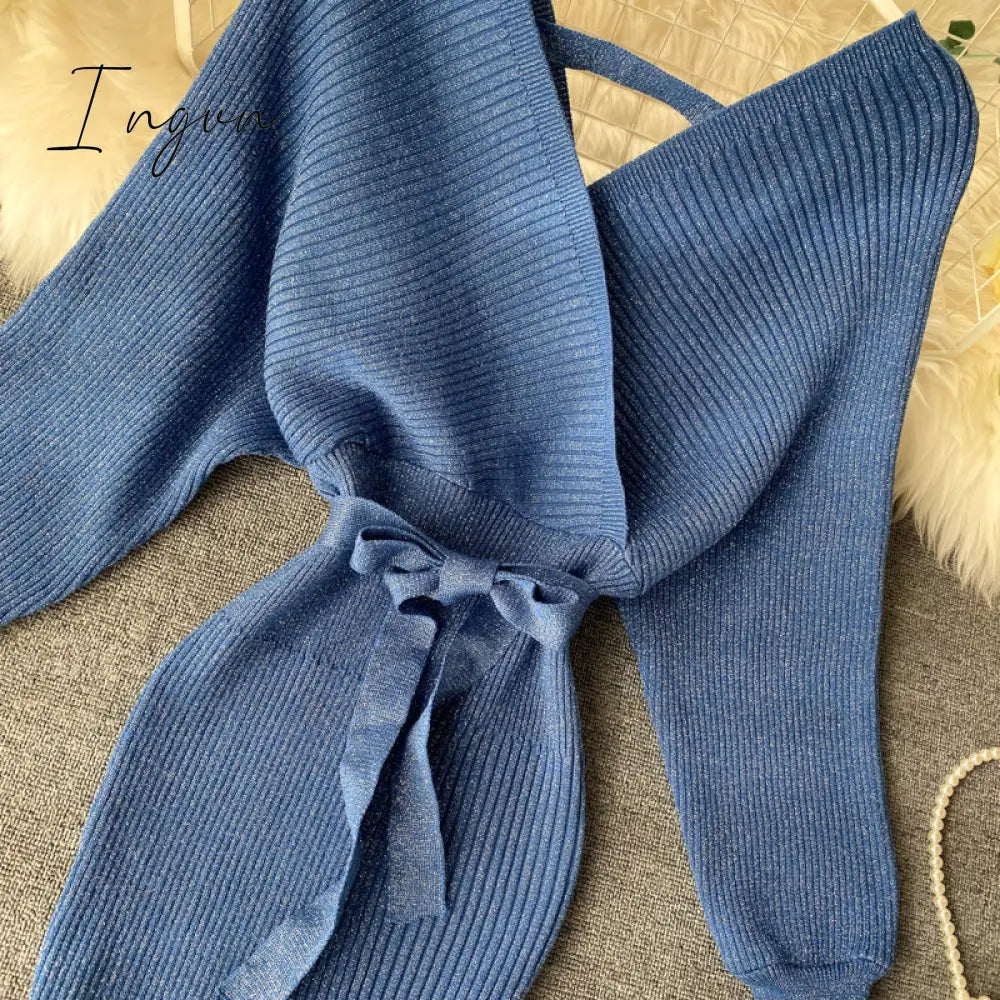 Ingvn - Women Shiny Knitted Dress Sexy V Neck Puff Sleeve Elastic Sheath Knitting Dress Autumn Solid Bow Sashes Pencil Dress