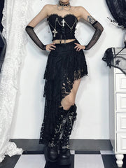 Emo Gothic Cross Chain Crop Tube Top Women's Sexy Harajuku Ruched Lace Trim Strapless E Girl Hippie Party Grunge Tops