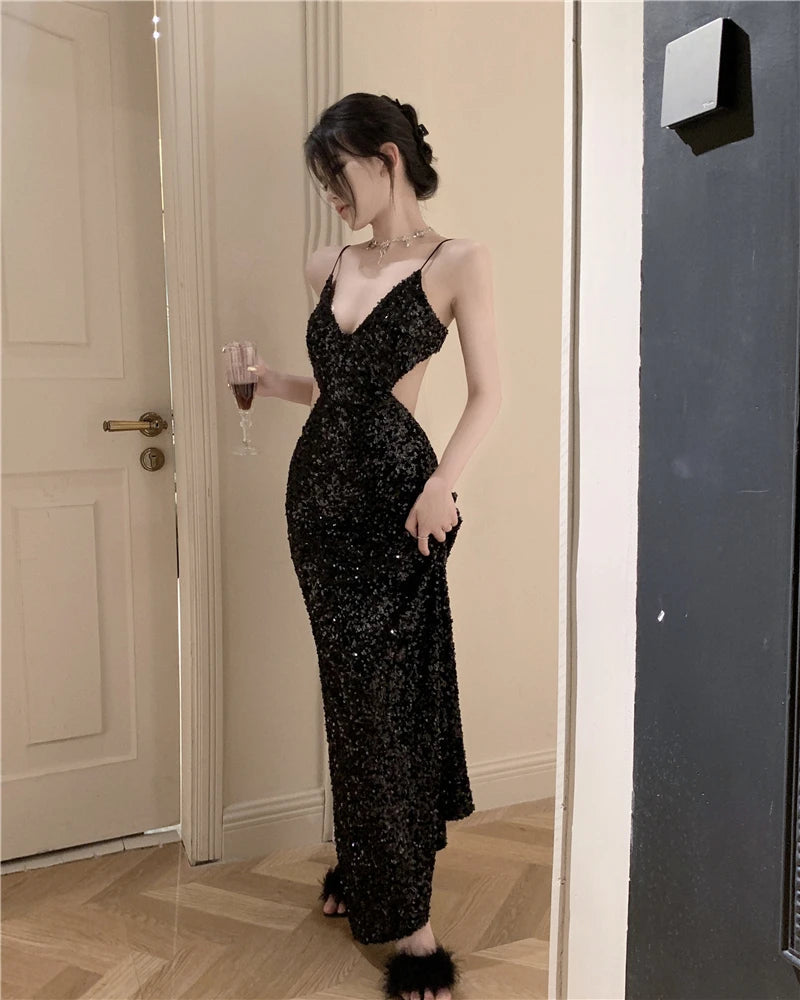 Summer Sexy Backless Black Long Dresses for Women New Elegant Hollow Out Bodycon Evening Party Prom Sequin Female Clothing Robe