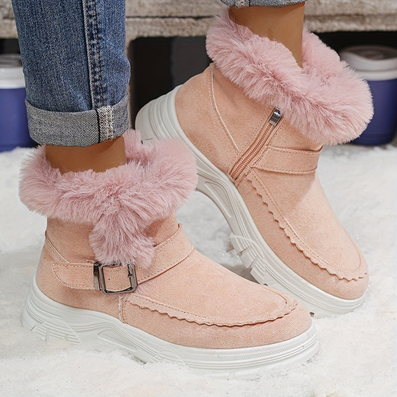 Cozy Winter Women's Snow Boots - Thick, Warm Plush Lining with Anti-Slip Sole, Round Toe Zipper Design, Fashionable Flat Heel