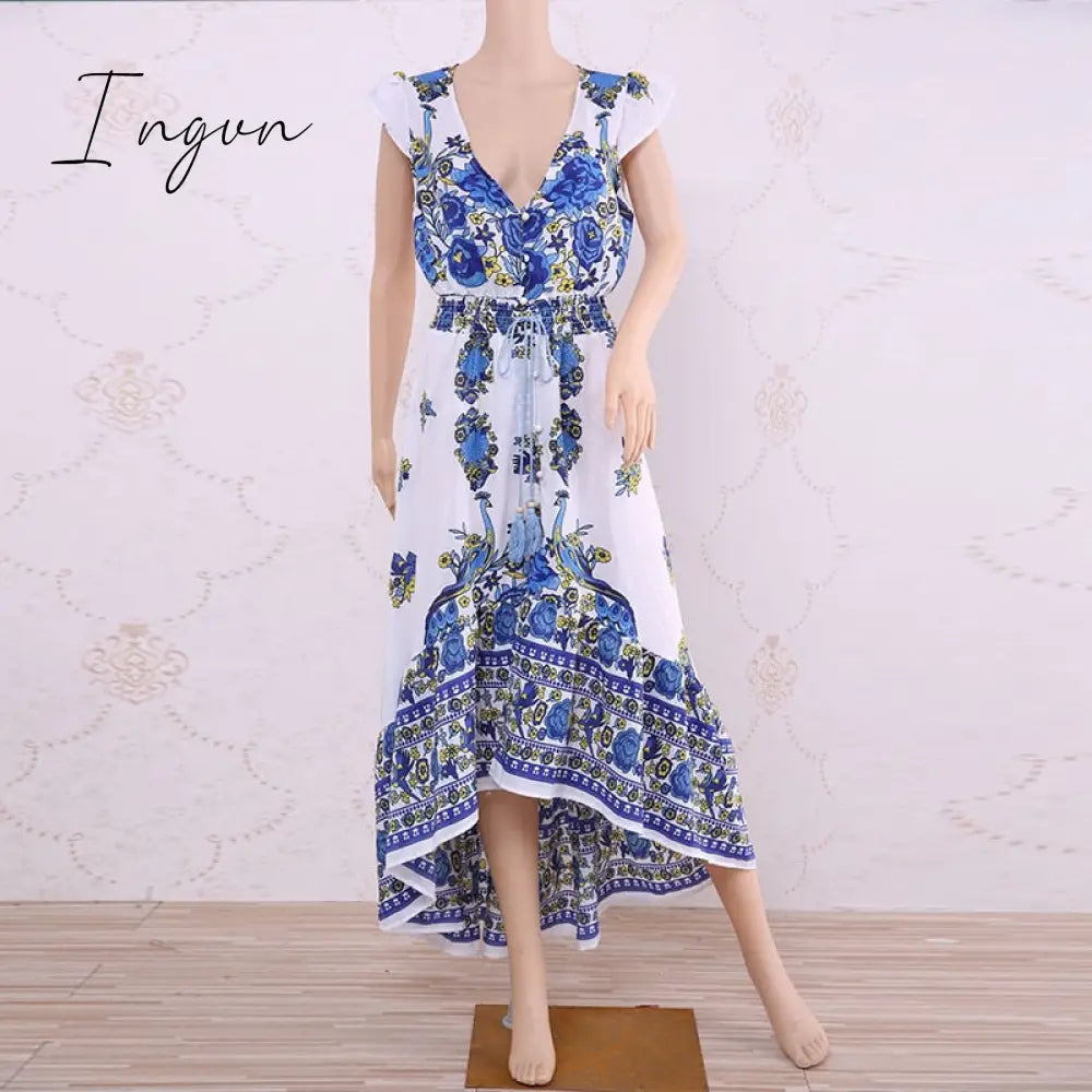 Ingvn - 2023 New Women Summer Boho Beach Maxi Dress Sexy V Neck Vintage Print Long Dresses Casual Sundress Dress