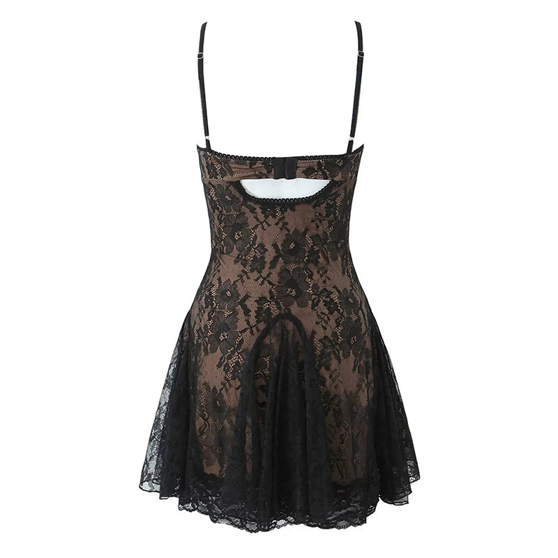 New Fashion Women Spaghetti Straps Lace Sexy Dresses Black Beige Backless Hollow Out A-line Mini Dress Night Out Robe