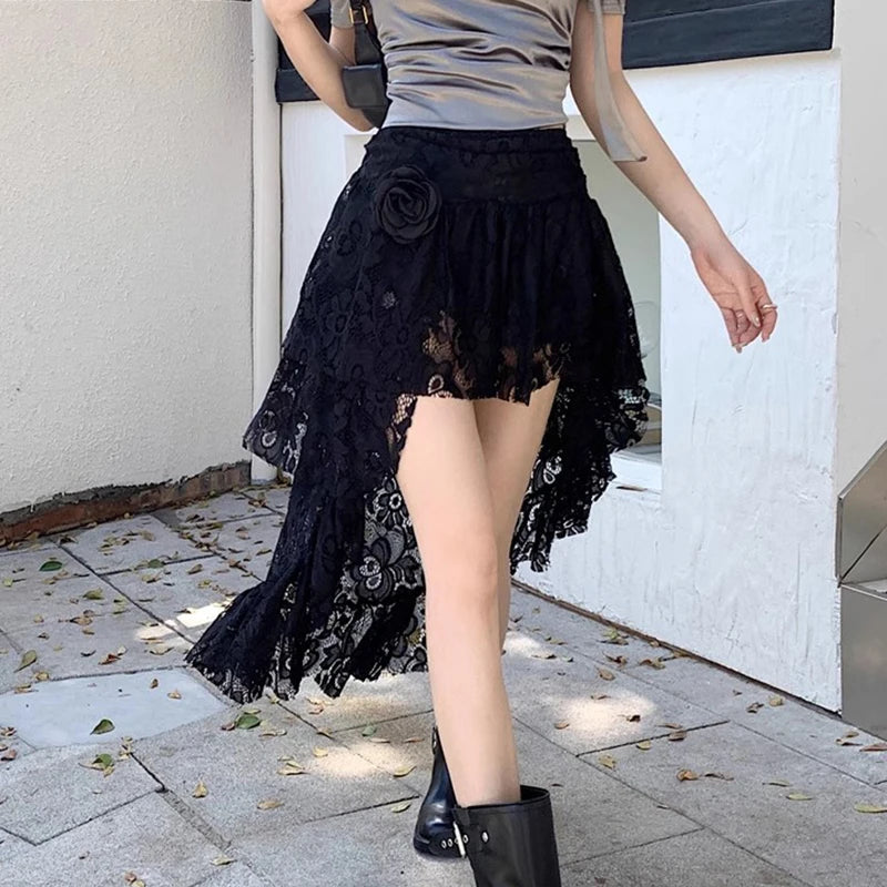 Vintage Appliques Skirt Hottie Streetwear Irregular Hem High Waist A Line Skirt Elegant White Ruffles Transparent Skirt