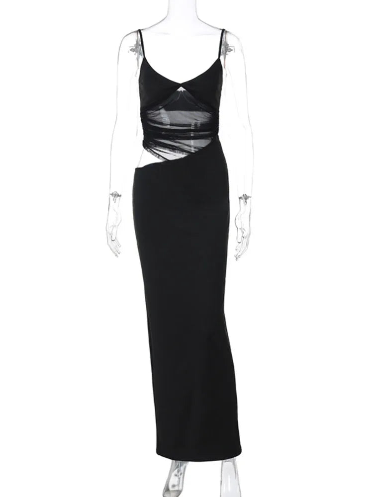 Sheer Mesh Backless Sexy Maxi Dress For Women Black Hollow Out Spaghetti Strap Sleeveless Bodycon Club Long Dress