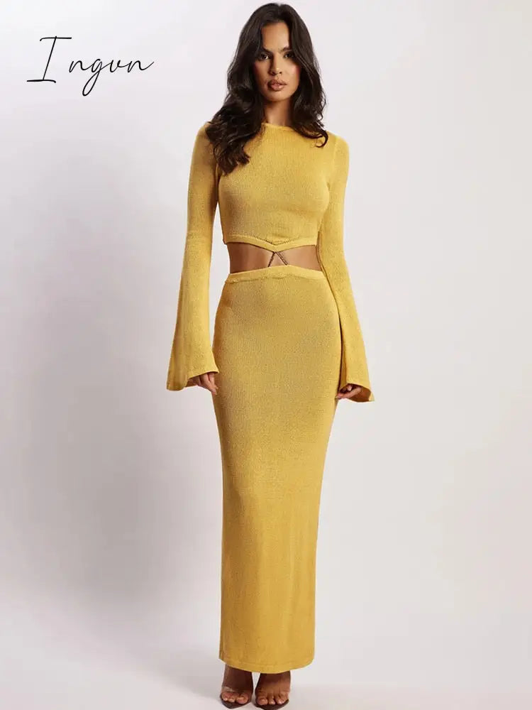 Ingvn - Autumn Long Sleeve Knit Maxi Dress Women O Neck Fake Two Piece Set Sweater Dresses Female Casual Bodycon Dress Knitwear