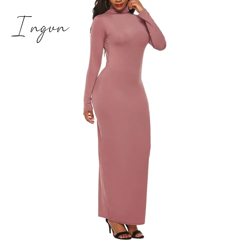 Ingvn - Turtleneck Long Dress Autumn Winter Muslim Elegant Office Lady Skinny Long Sleeve Bodycon Casual Dress Women Midi Clubwear GV464