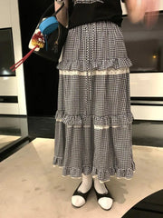 Japanese Vintage Lace Cake Skirt Plaid Edge of Fungus Skirts for Woman Summer Slim Long Dress Korean Fashion Faldas