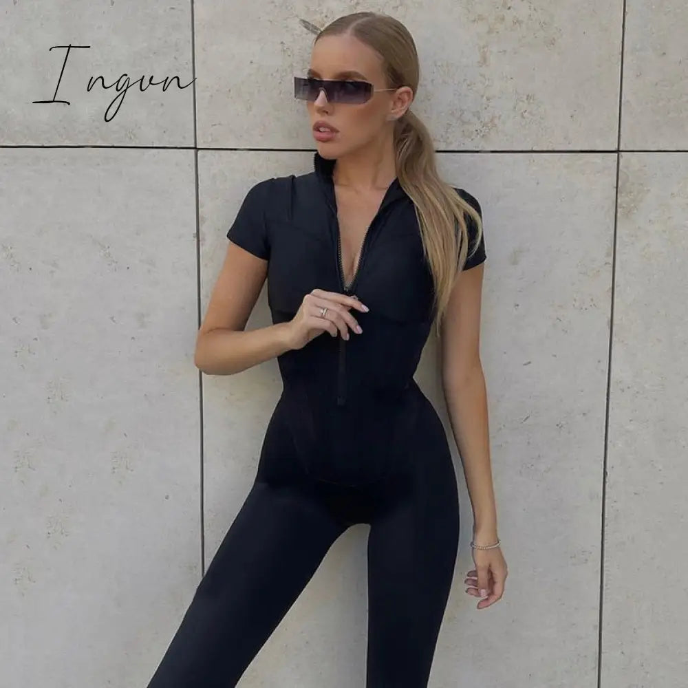 Ingvn - 2023 New Short Sleeve Playsuit Women Overalls Spring Striped Zipper Sporty Rompers Ladies Casual Bodycon Playsuits