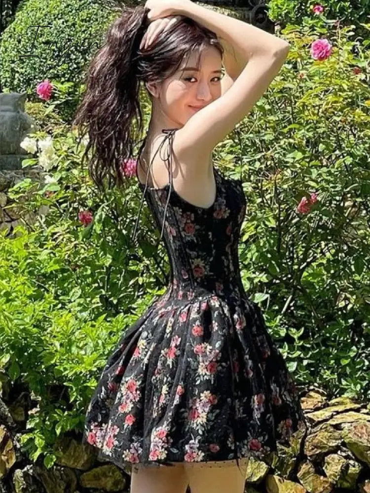 Ingvn - 2023 Sexy Women Black Flower Print Spliced Mesh Bra Corset style Mini Dress Slim Waist Party Skater Bow Lacing up Sling Robe