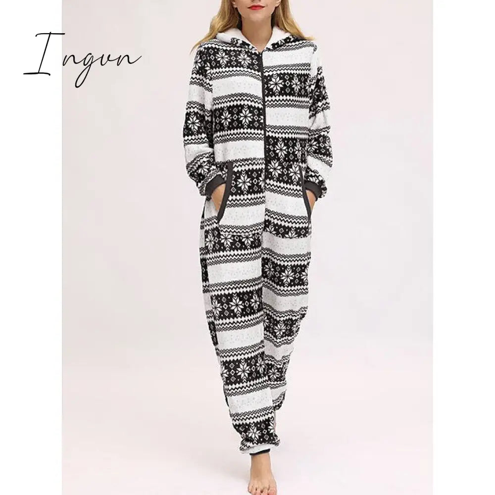 Ingvn - Women's Pajamas Jumpsuit Elk Snowflake Warm Fashion Casual Home Christmas Daily Polyester Breathable Hoodie Long Sleeve Pocket Fall Winter Black White