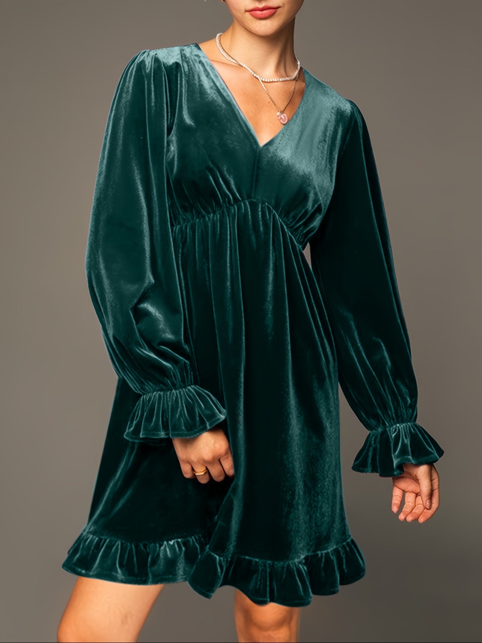 V Neck Velvet Dress For Women Long Sleeve Ruffle Midi Dress Wedding Party Dress With Pockets