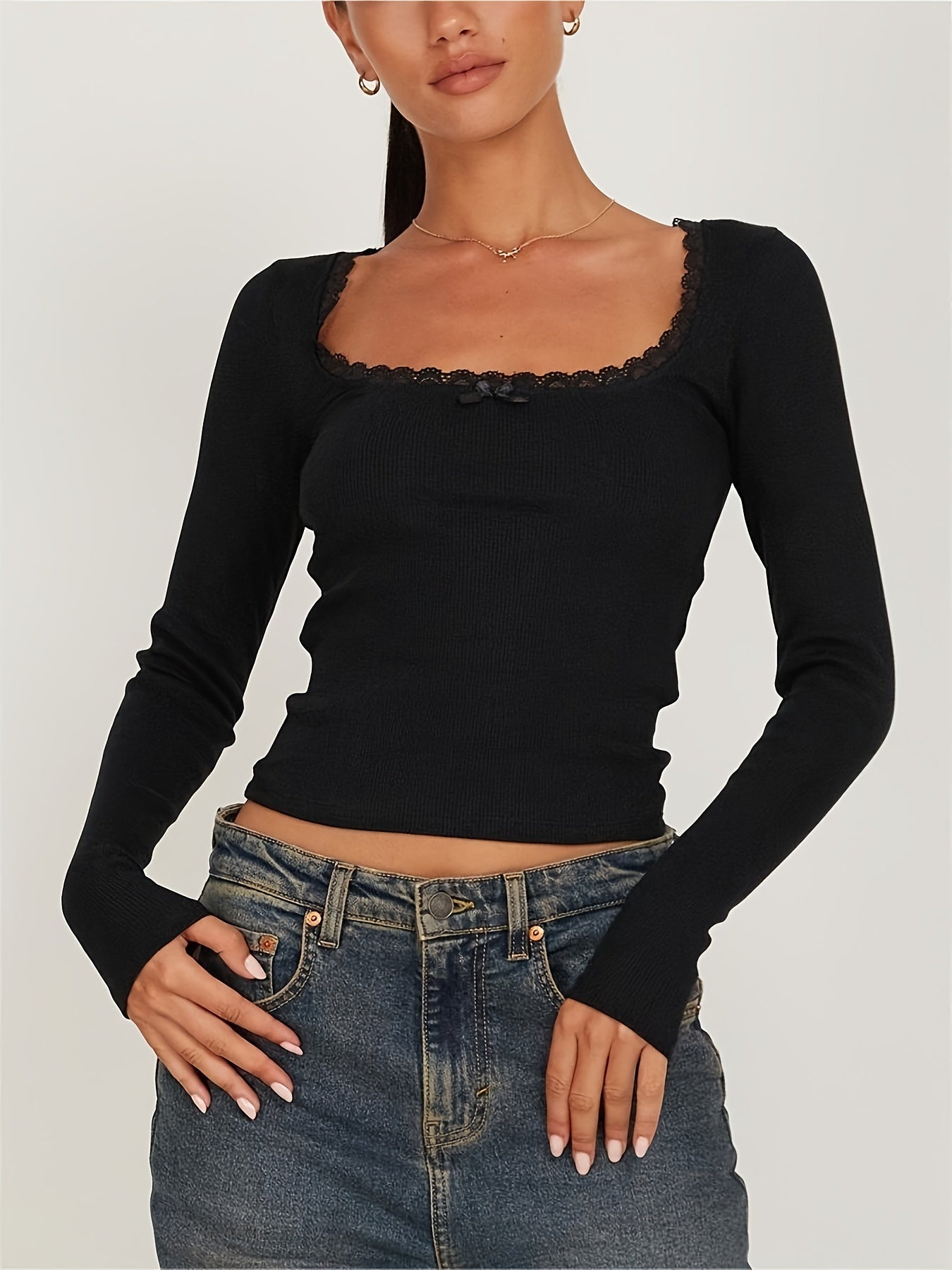 Solid Lace Trim T-Shirt, Casual Long Sleeve Top For Spring & Fall, Women's Clothing