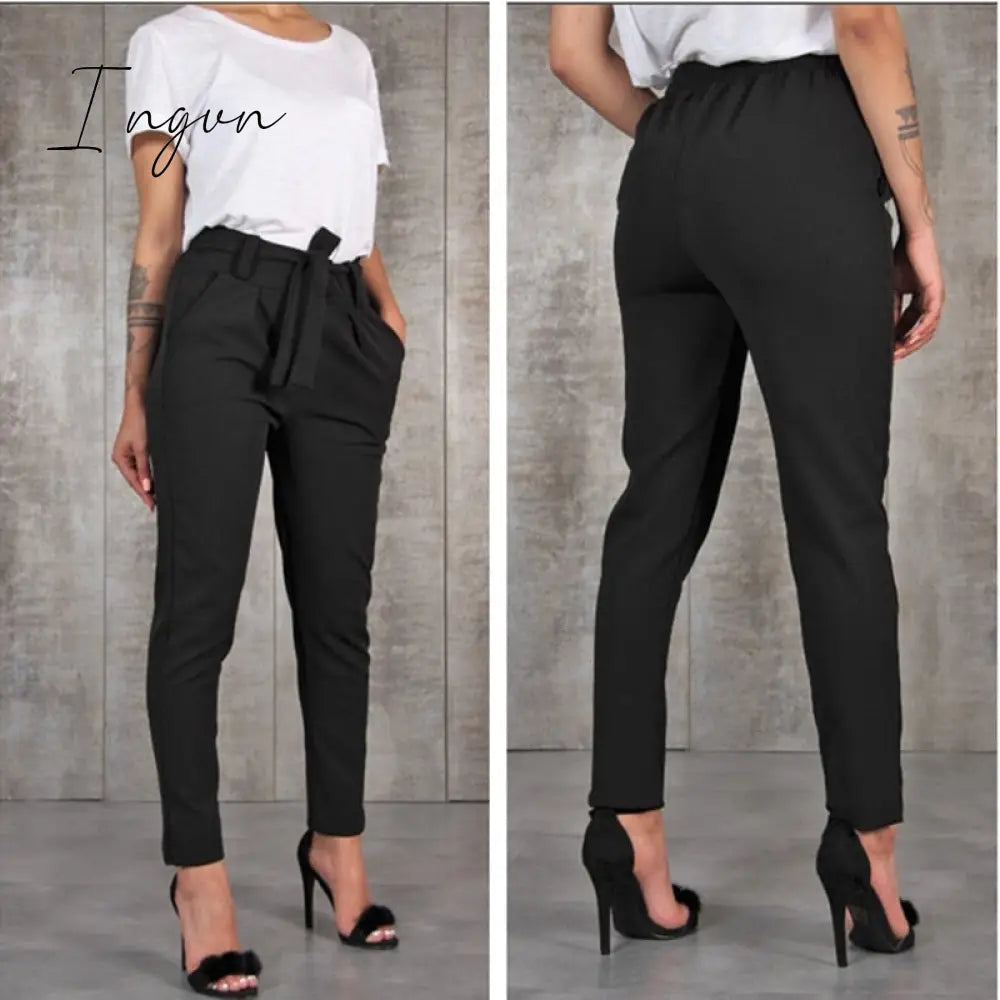 Ingvn - Casual Slim Chiffon Thin Pants For Women High Waist Black Khaki Green Pants Woman Trousers