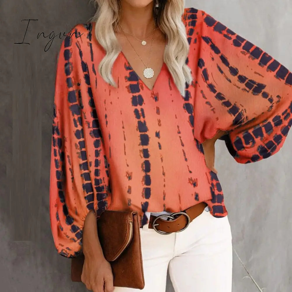 Ingvn - Summer Outfits Female Streetwear Oversized XXXL Tops Blusa Summer V Neck Long Lantern Sleeve Blouse Casual Women Printing Loose Elegant Shirts