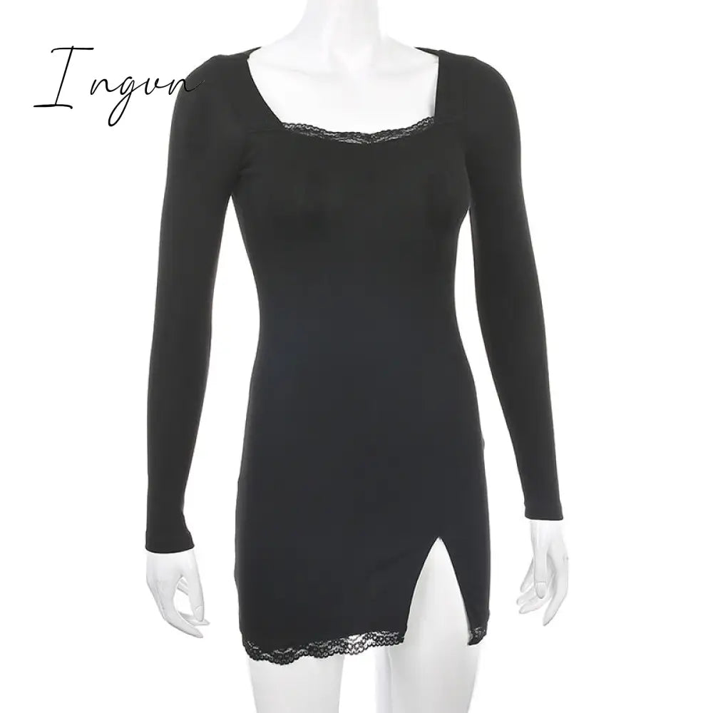 Ingvn - Women Winter Dress Women New Arrivals Sexy Long Sleeve Lace Split Black White Solid Party Dresses Vestidos