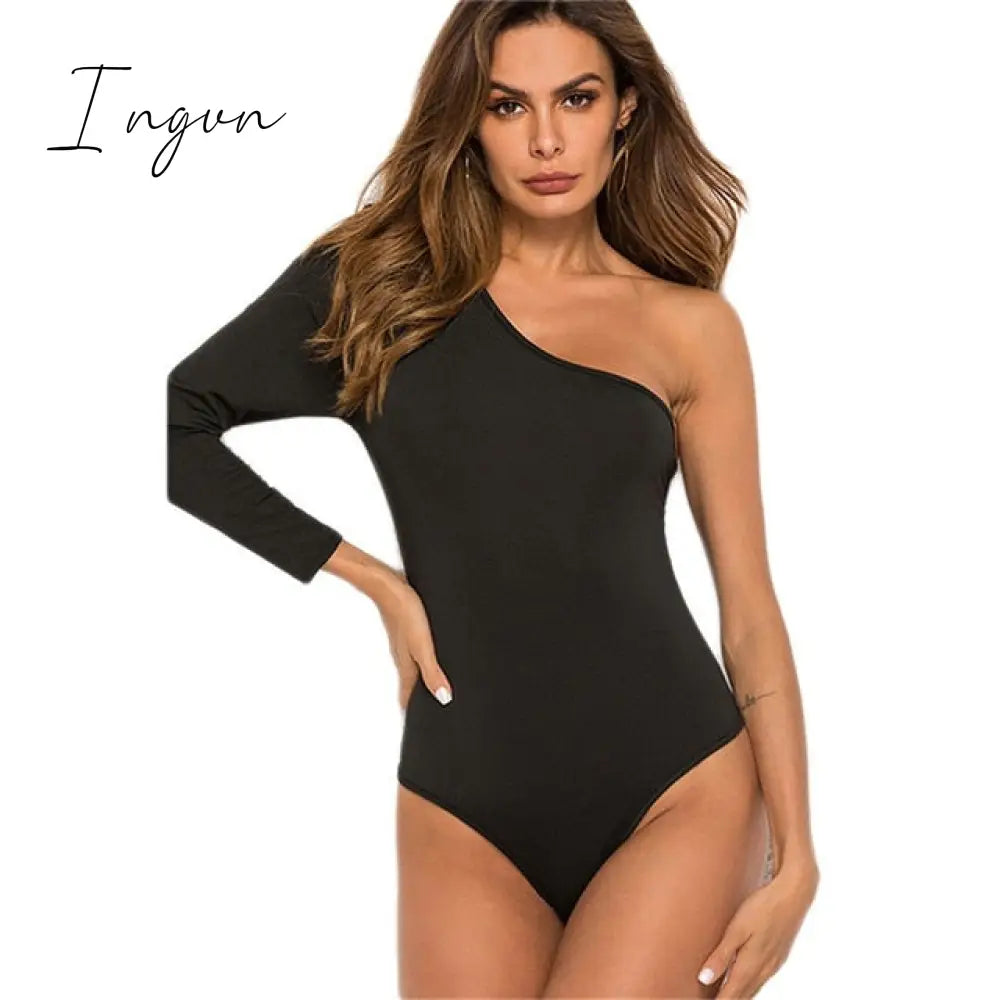 Ingvn - Bodysuit Female Sexy One Shoulder Long Sleeve Slim Bodycon Jumpsuits Solid Color Ladies Rompers Skinny Bodysuit