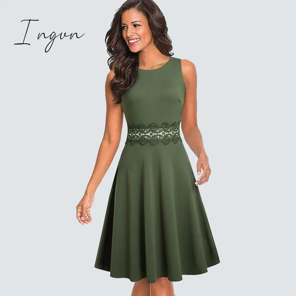Ingvn - Women Vintage Casual Round Neck A line Summer Elegant Floral Lace Patchwork Sleeveless Tunic Party Swing Dress HA079