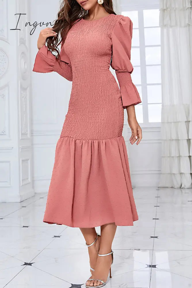 Ingvn - Elegant Solid Fold O Neck Wrapped Skirt Dresses