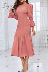 Ingvn - Elegant Solid Fold O Neck Wrapped Skirt Dresses