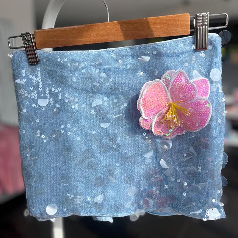 3D Flower Trim Sequin Shine Pencil Skirt Women High Waist Skirt Sexy Club Party Coquette Glitter Sparkle Mini Skirt Streetwear
