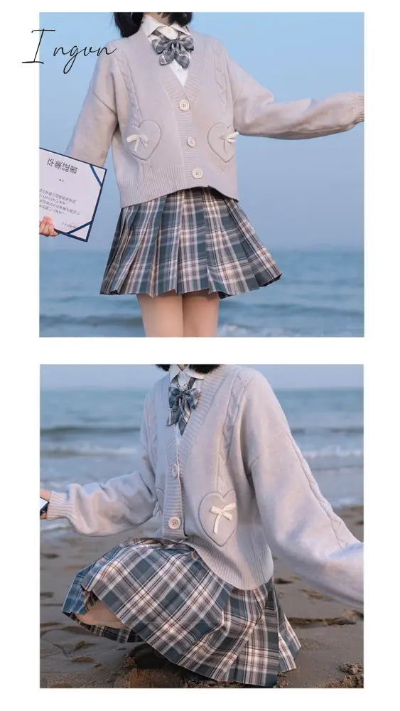 Ingvn - Spring Japan Kawaii Fashion Pink Cardigan Women Vintage Crop Knitted Sweater Cute Bow Heart Korean JK School Coat