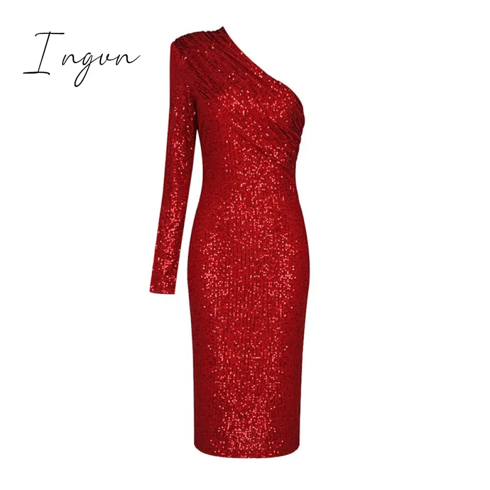 Ingvn - Sexy One Shoulder Dress Sparkle Glitzy Sequins Dress Mesh Patchwork Celebrity Christmas Party Vestidos
