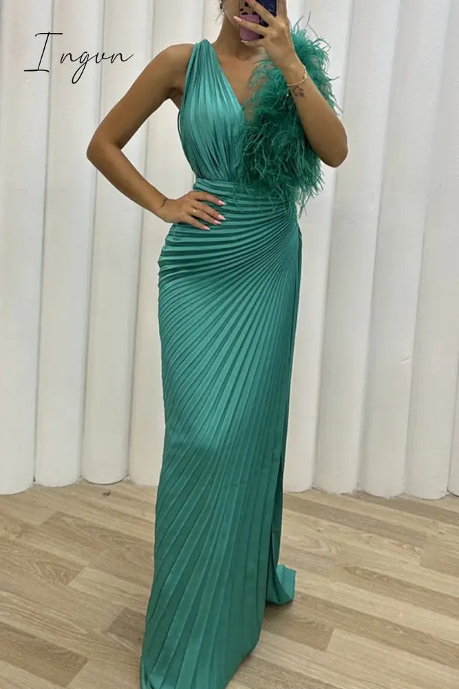 Ingvn - Sexy Solid Patchwork Pleated V Neck Long Dress Dresses