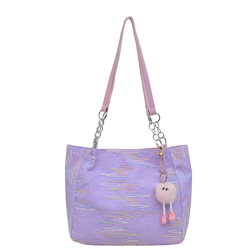 Ingvn  Fashion Forest Style Shoulder Bag Female Embroidery Retro Style Versatile Commuting Leisure Bag Large Capacity Canvas Tote Bag
