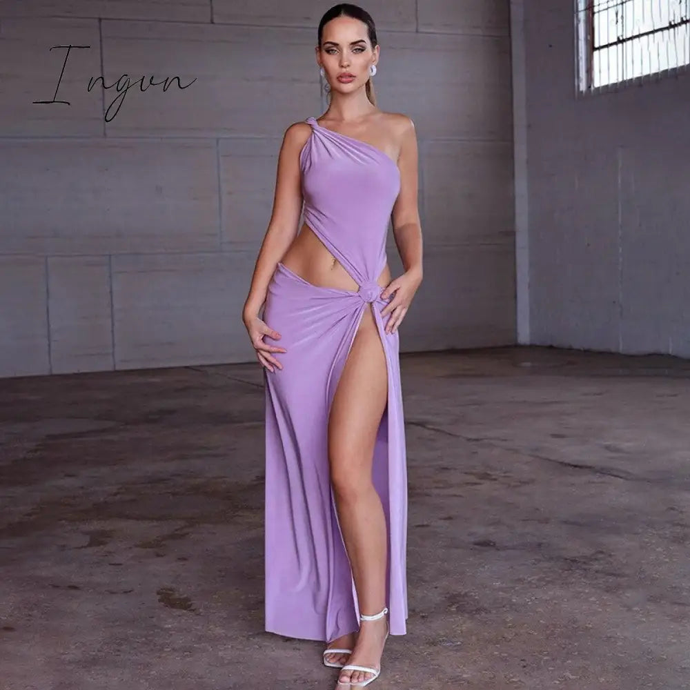 Ingvn - Irregular Sexy Cut Out High Rise Slit Dress Party Club Elegant Twist Knot Sleeveles Backless Maxi Dresses Outfits