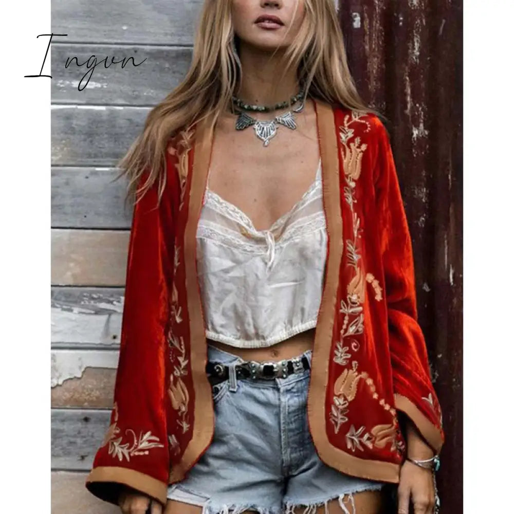 Ingvn - Ladies Velvet Print Cardigan Red Coat Long Sleeve Palace Style Fashion Vintage Ladies Fall Coat Casual Loose Women Jacket Coat