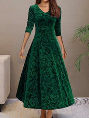 Vibrant Polyester Long Sleeve V-Neck Flared Dress - Elegant, High-Elasticity, Random Print, Machine Washable, All-Season Apparel for Women - Perfect for Spring and Fall Occasions