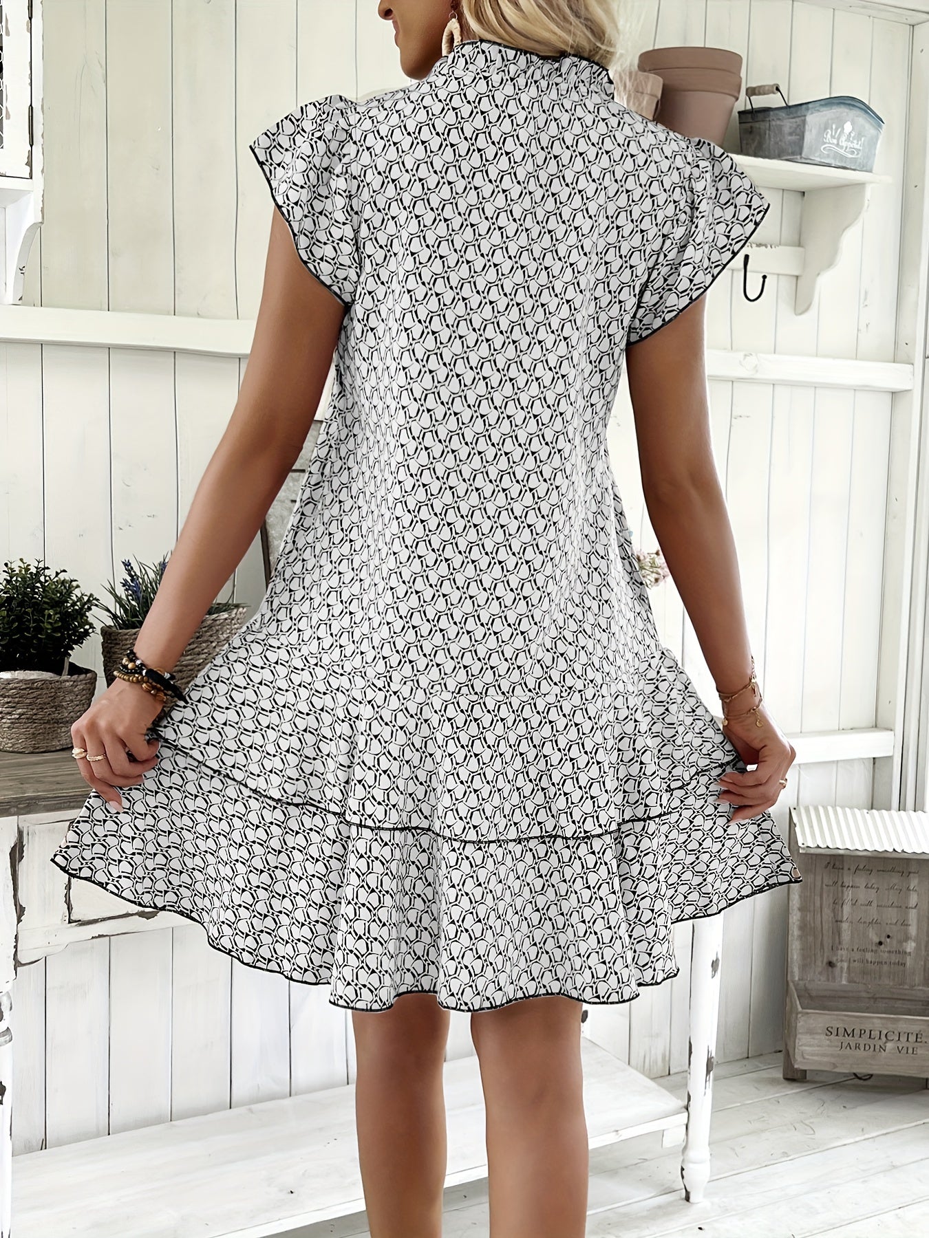 Elegant Ruffled Tie Neck Dress - Women's Spring & Summer Layered Dresses with Allover Print - Perfect for Elegant Dressing Occasions