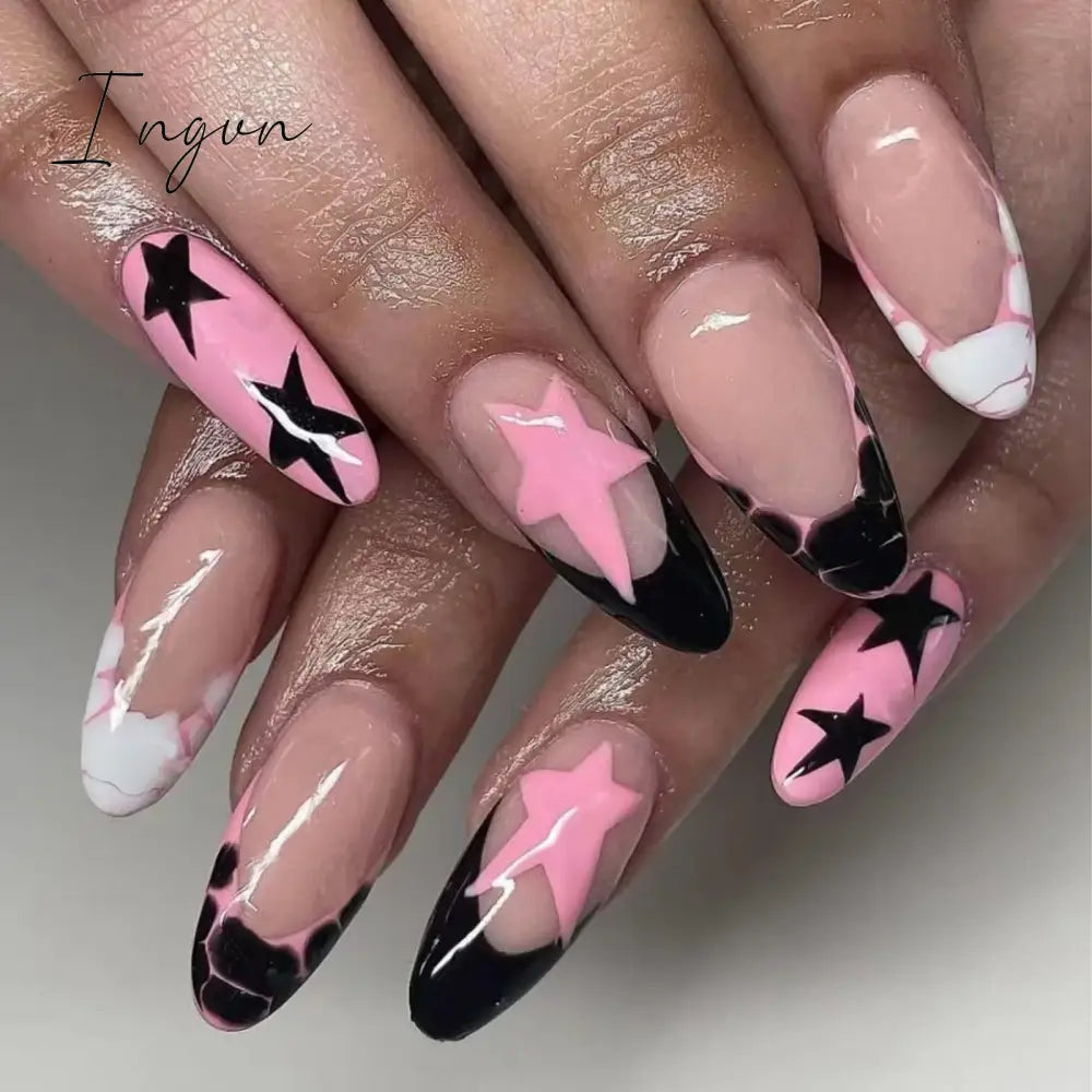 24Pcs Purple Y2K Press on Nails Star Designs Long Coffin False Nails Tips Reusable Ballerina Fake Nails for Women faux ongles