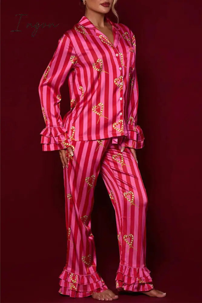 Ingvn - Casual Daily Striped Printing Turndown Collar Long Sleeve Two Pieces
