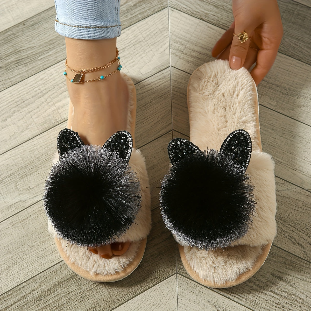 Cute Pom-pom Cat House Slippers, Cozy Open Toe Plush Flat Floor Shoes, Winter Warm Home Fuzzy Slippers