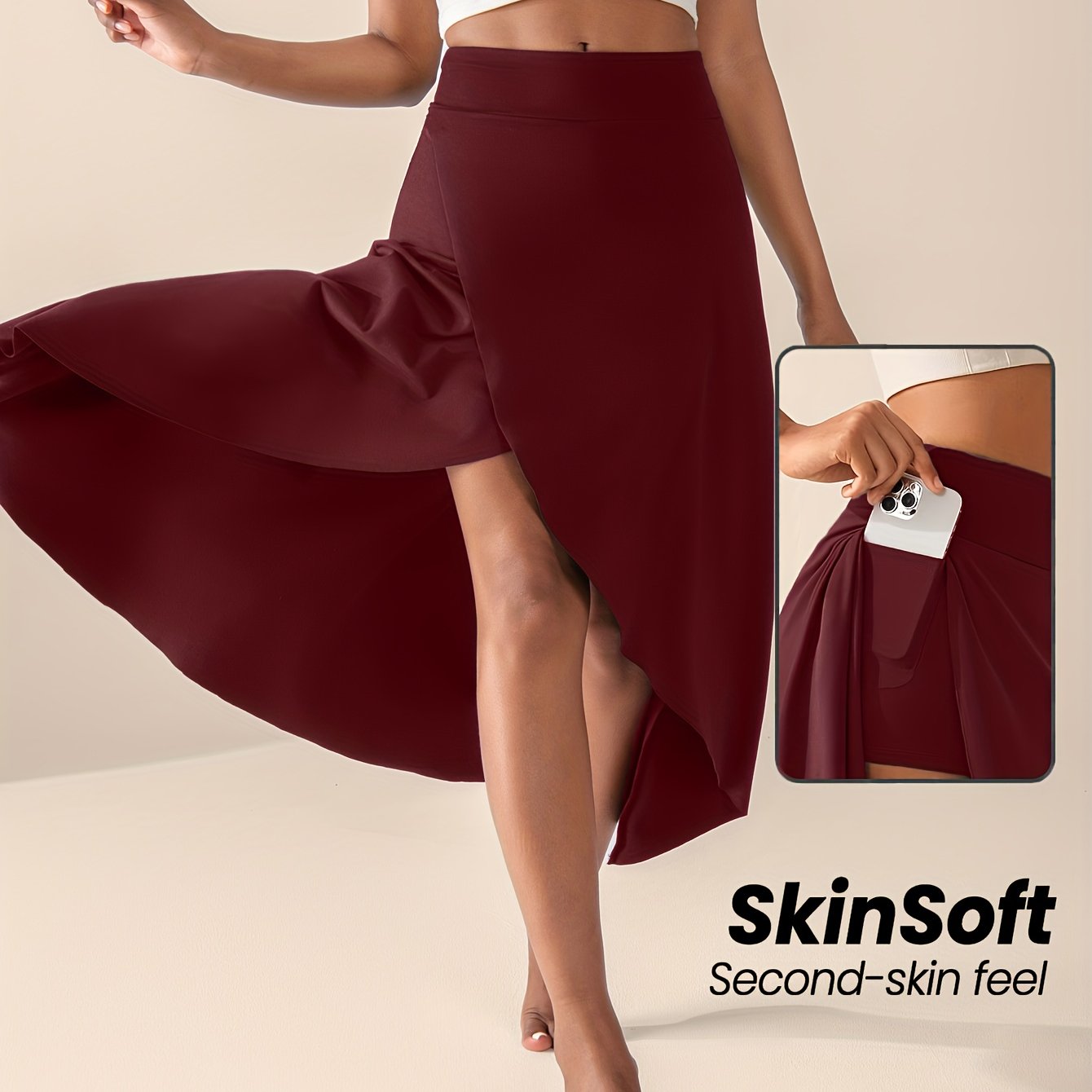 Women's High-Waisted Split Skort with Pockets, Solid Color Casual Sports Skirt, Breathable & Flexible for Active Wear