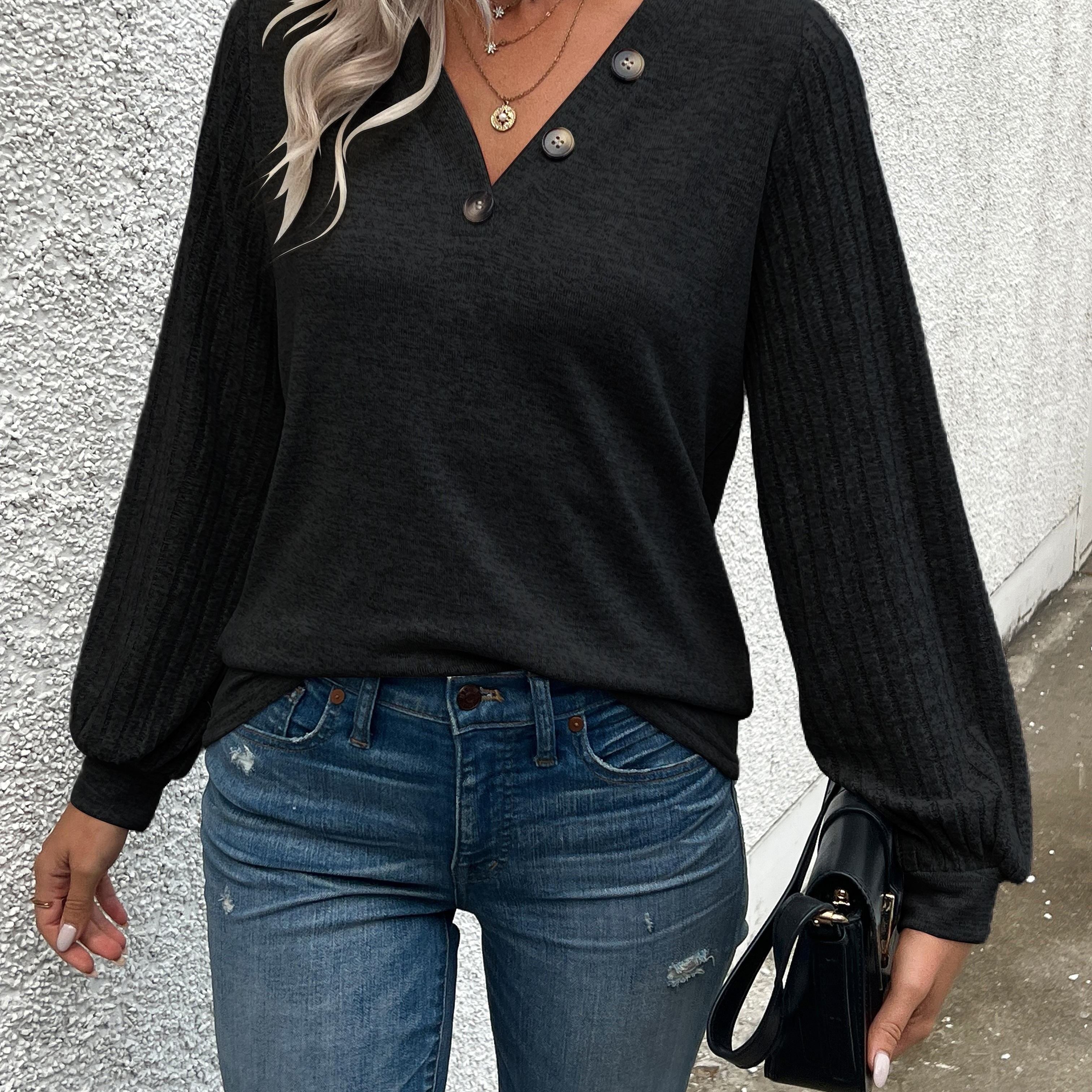 Stylish V Neck Long Sleeve Ribbed T-shirt - Women's Elegant Daily T-Shirts with Buttons - Soft, Breathable, and Comfortable Clothing for Everyday Wear
