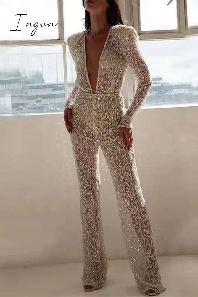 Ingvn - Sexy Solid See-through Sequined V Neck Regular Jumpsuits