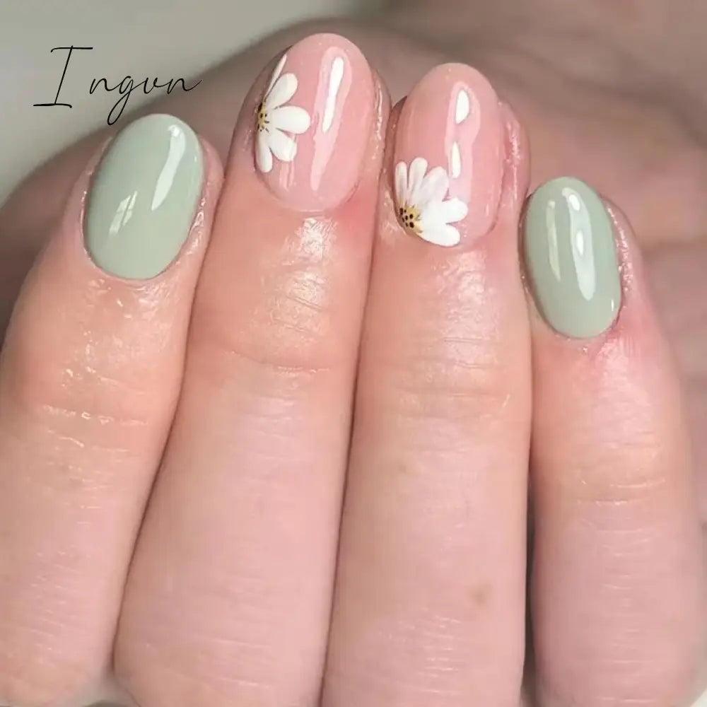 24pcs Short Almond False Nails Flower Pattern Oval Fake Nails Press on Nails Full Cover Wearable Manicure Acrylic Nail Tips