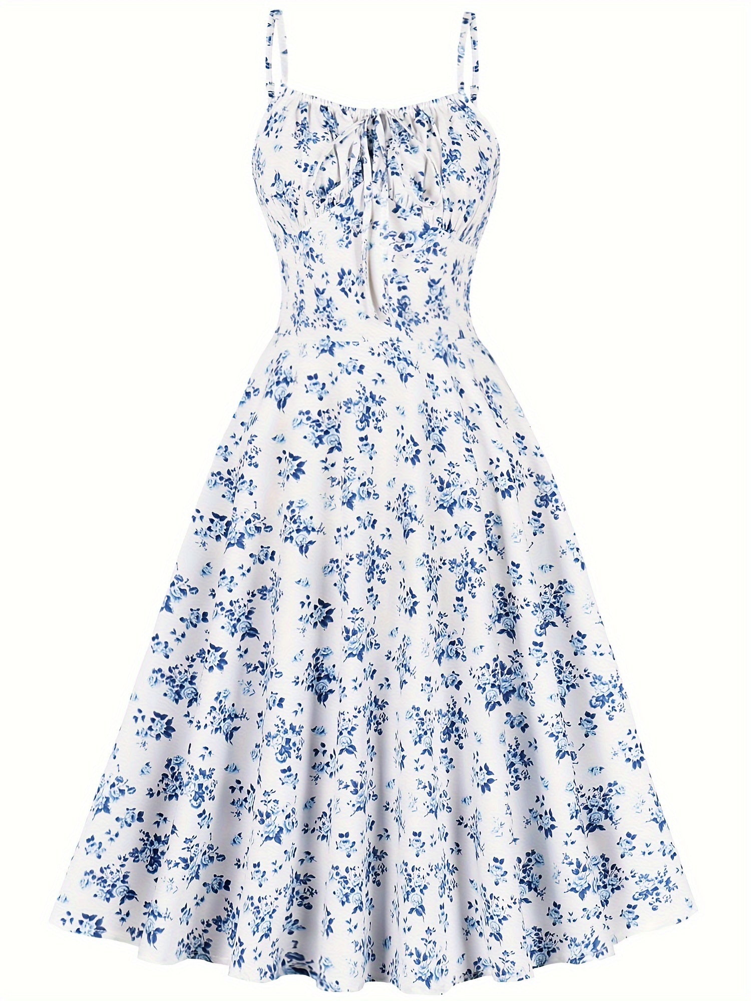 Vintage Chic Floral Print Sundress - Chic Tie Front, Timeless Elegance, Sleeveless Spaghetti Strap - Perfect Summer Womens Fashion Dress