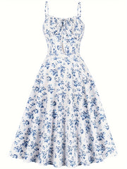Vintage Chic Floral Print Sundress - Chic Tie Front, Timeless Elegance, Sleeveless Spaghetti Strap - Perfect Summer Womens Fashion Dress